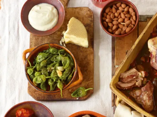 Leckere Tapas selber machen: Gebratene grüne Paprika, zartes Fleisch, Mandeln, Käse und Dip.