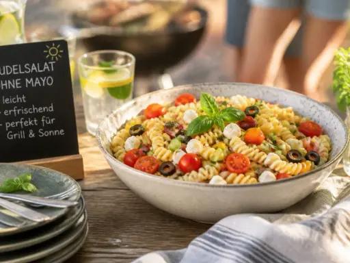 Leckerer Nudelsalat ohne Mayo mit Tomaten, Mozzarella und Oliven. Perfekt für Grill & Sonne!