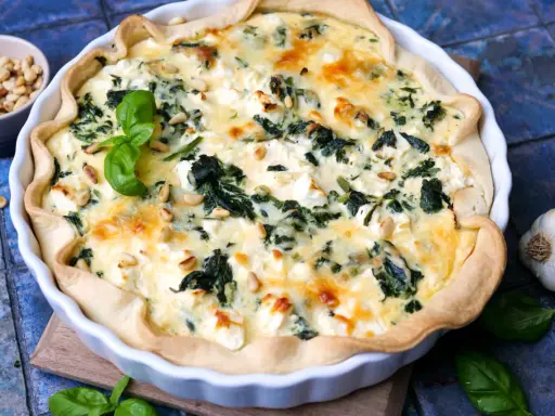 Herzhafte Quiche mit Spinat und Feta, garniert mit Pinienkernen und Basilikum.