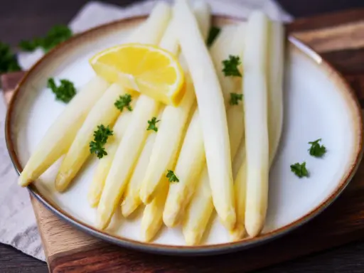 Frischer weißer Spargel, perfekt gekocht, garniert mit Petersilie und einer Zitronenspalte auf einem Teller. Ein Genuss, wenn Spargel Saison hat.