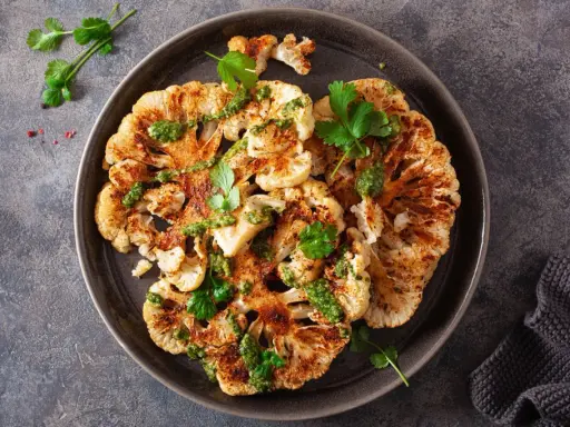 Geröstete blumenkohlscheiben im backofen, beträufelt mit grüner Soße und garniert mit Koriander.