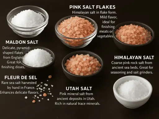 Fleur de Sel: sel de mer aus Frankreich, handgeerntet, verfeinert zarte Aromen. Daneben Maldon, Himalaya & Utah Salz.
