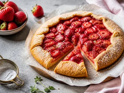 Saftige Erdbeer-Galette, perfekt für jedes galette rezept. Mit frischen Erdbeeren und knusprigem Teig, bestäubt mit Puderzucker.