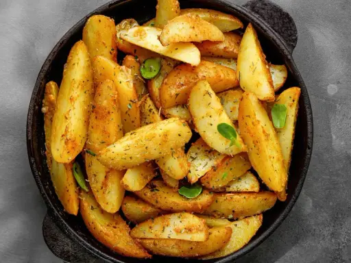 Goldbraune Ofenkartoffeln, gewürzt mit Kräutern, in einer schwarzen Pfanne. Perfekt für ein einfaches Ofenkartoffeln Rezept.