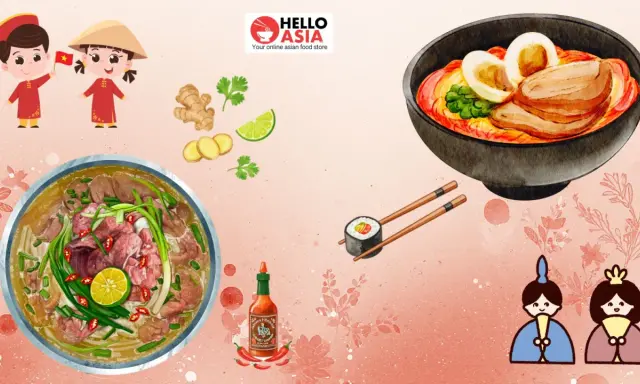 Unterschied Pho und Ramen: Eine Schüssel Pho mit Rindfleisch und Limette neben einer Schüssel Ramen mit Schweinefleisch und Ei.