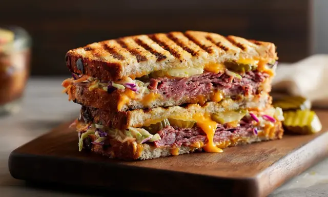 Ein saftiges Pastrami-Sandwich mit geschmolzenem Käse, knackigem Krautsalat und Gurkenscheiben auf geröstetem Brot.