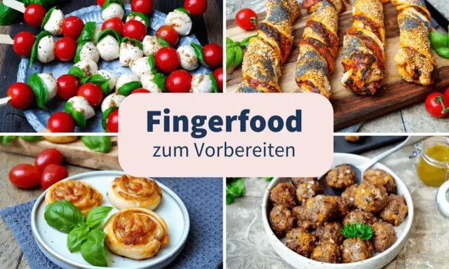 Vier Arten von schnellem Fingerfood: Caprese-Spieße, herzhafte Teigschnecken, Hackbällchen und Blätterteigstangen mit Mohn und Sesam.