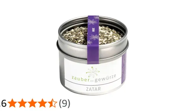 Dose mit Gewürzmischung Zatar, die aus Kräutern und Samen besteht.