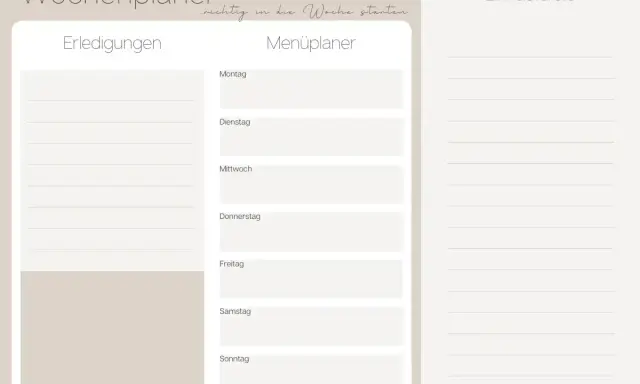 Ein Wochenplaner mit Einkaufsliste und Menüplaner für zwei Personen. Hier wird der wochenplan essen für die ganze Familie geplant.