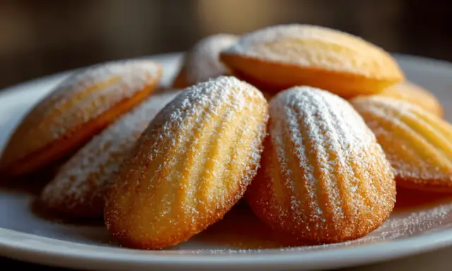 Ein Haufen goldbrauner Madeleines, bestäubt mit Puderzucker. Diese sehen aus wie die besten Madeleines, die man je probiert hat.
