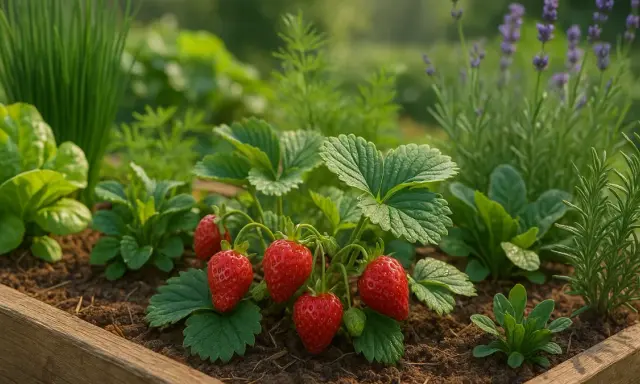 Reife Erdbeeren im Beet, umgeben von Salat, Kräutern und Lavendel. Was passt zu Erdbeeren? Vieles, aber am besten schmecken sie frisch vom Feld!