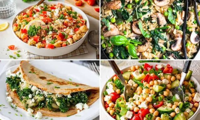 Vier leckere Gerichte: Couscous-Salat, Nudelpfanne mit Pilzen, gefüllter Crêpe und Kichererbsensalat. Was koche ich heute?