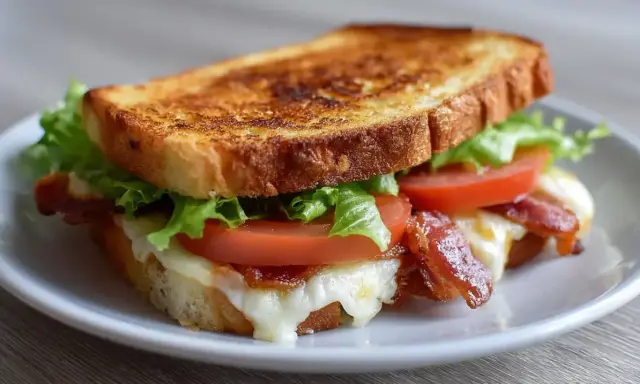 Knuspriges Sandwich im Airfryer mit geschmolzenem Käse, knackigem Speck, frischem Salat und Tomaten. Perfekt für eine schnelle Mahlzeit!
