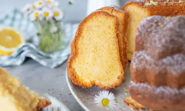 Saftiger Omas Joghurt Kuchen, mit Puderzucker bestäubt und Zitronenschale garniert. Ein Stück davon liegt auf einer Gabel.