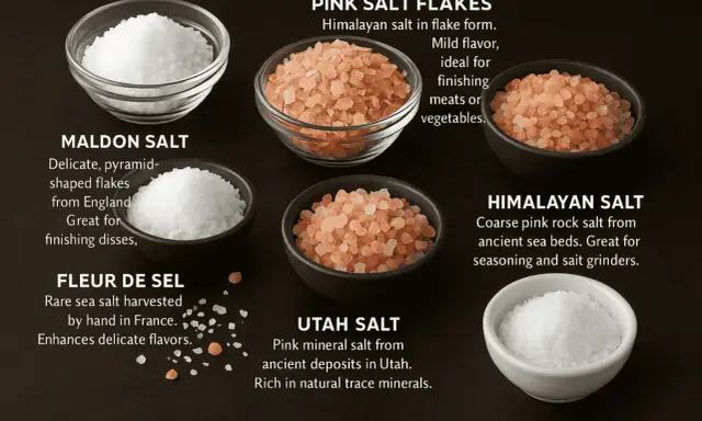 Fleur de Sel: sel de mer aus Frankreich, handgeerntet, verfeinert zarte Aromen. Daneben Maldon, Himalaya & Utah Salz.