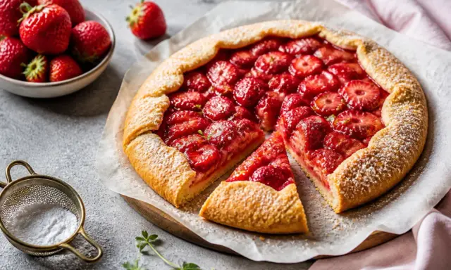 Saftige Erdbeer-Galette, perfekt für jedes galette rezept. Mit frischen Erdbeeren und knusprigem Teig, bestäubt mit Puderzucker.