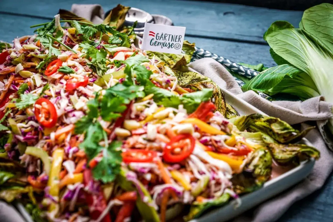 Bunter asia salat mit knackigem Gemüse, Koriander und Chili. Ein Fest für die Sinne!