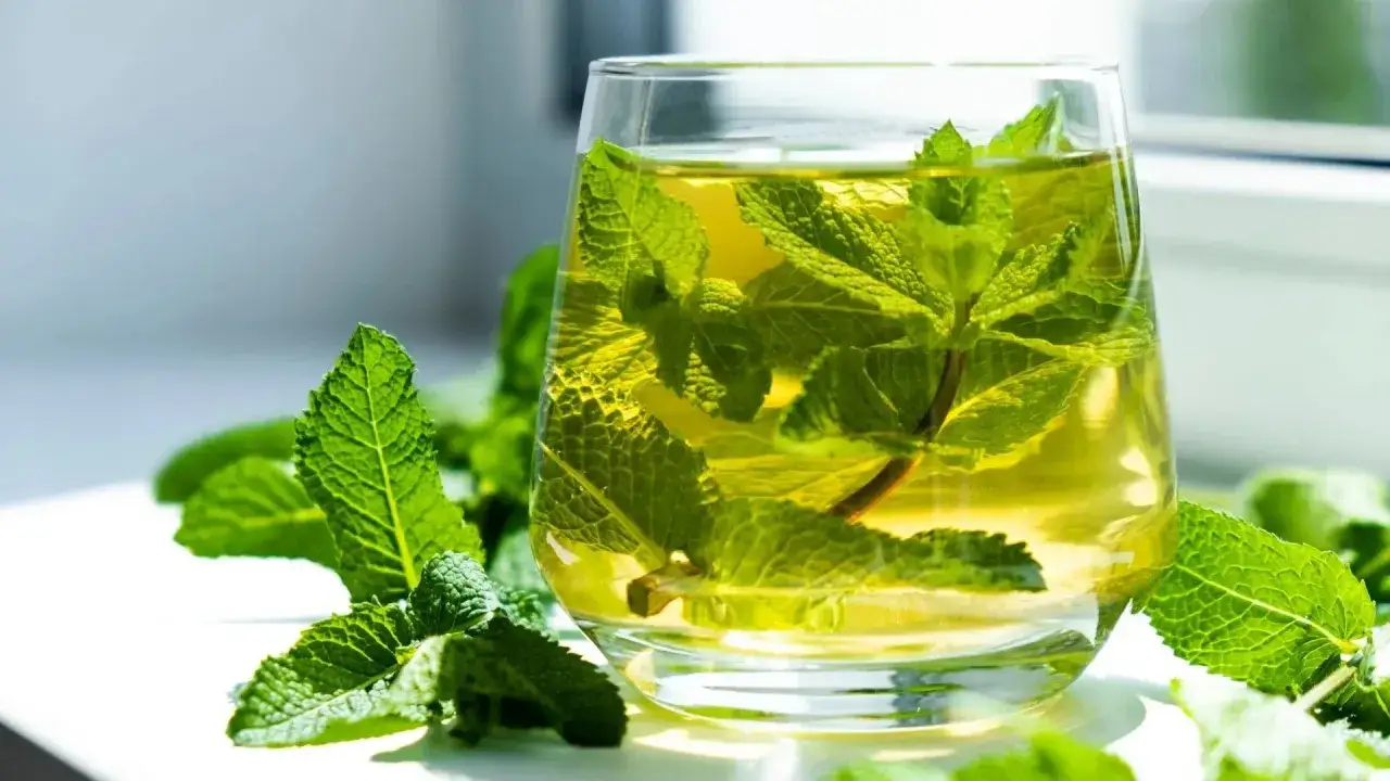 Ein Glas erfrischender Minze-Tee, umgeben von frischen Minzbl&auml;ttern. Ein Symbol f&uuml;r Wohlbefinden und wie gesund Minze ist.