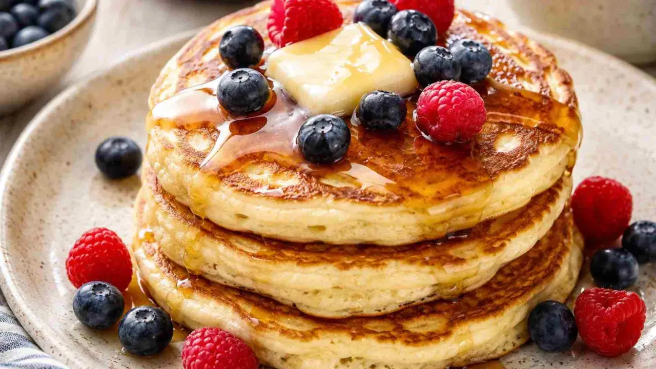 Ein Stapel Buttermilch-Pancakes mit Honig, Butter, Blaubeeren und Himbeeren.