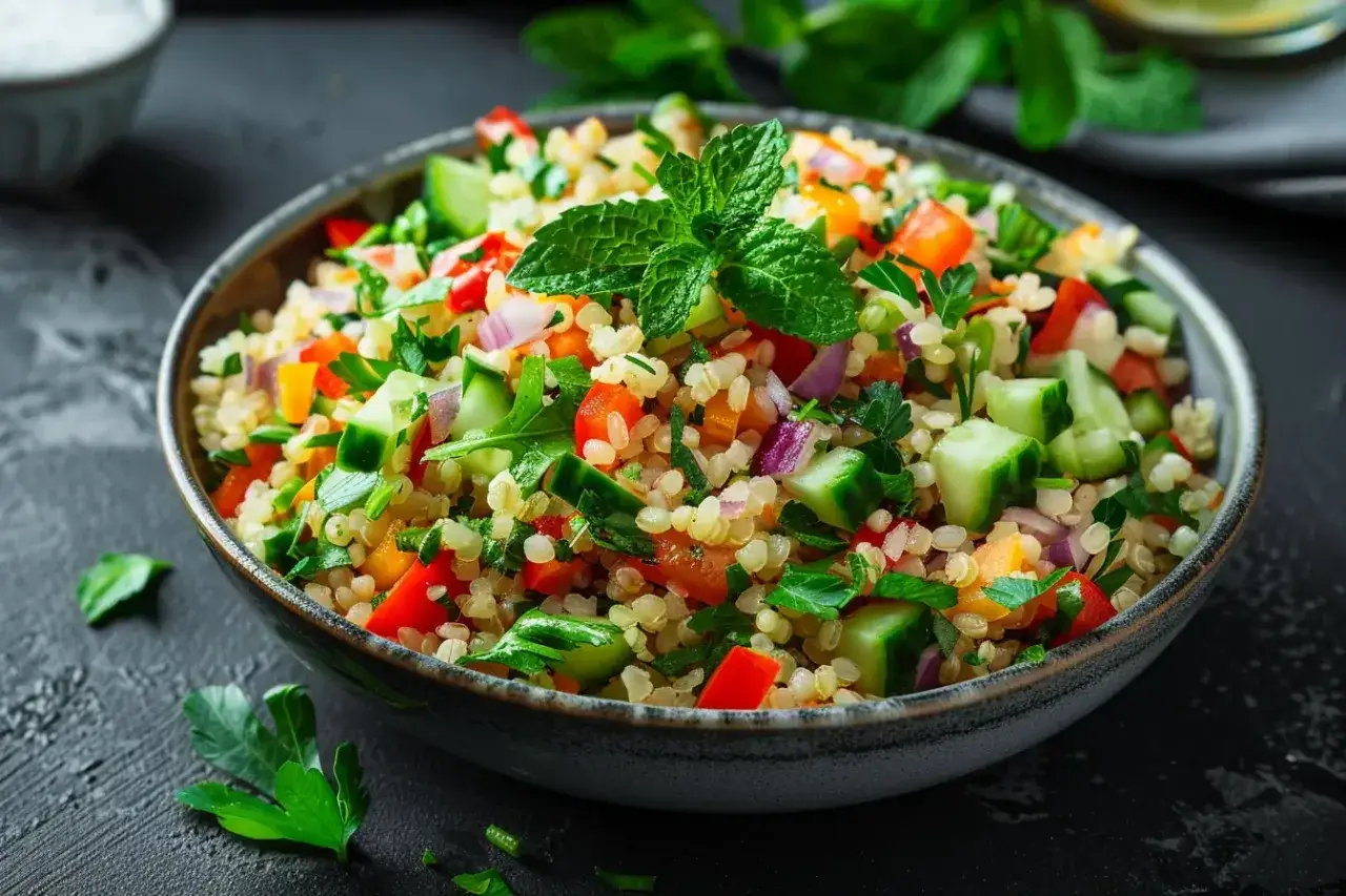 Frischer Kisir Salat mit Bulgur, Tomaten, Gurken, Paprika und Minze. Ein leichtes und gesundes Kisir Rezept.
