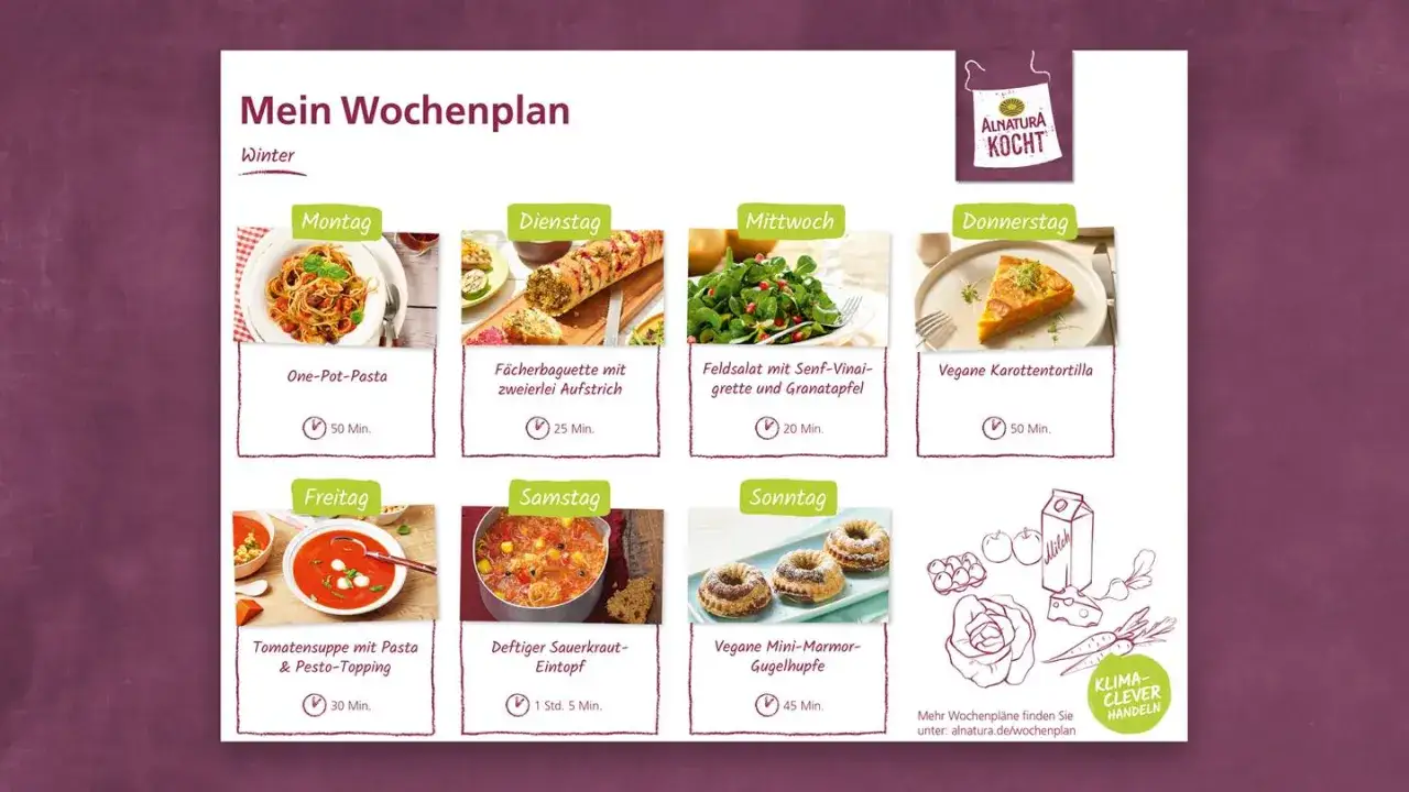 Wochenplan Essen f&uuml;r 2 Personen: One-Pot-Pasta, F&auml;cherbaguette, Feldsalat, Karottentortilla, Tomatensuppe, Sauerkraut-Eintopf und Gugelhupfe.
