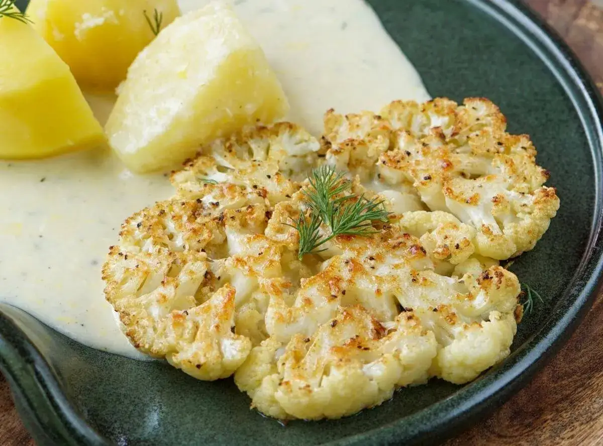 Ger&ouml;stete blumenkohlscheiben im backofen, goldbraun und w&uuml;rzig, serviert mit Kartoffeln und cremiger Sauce.