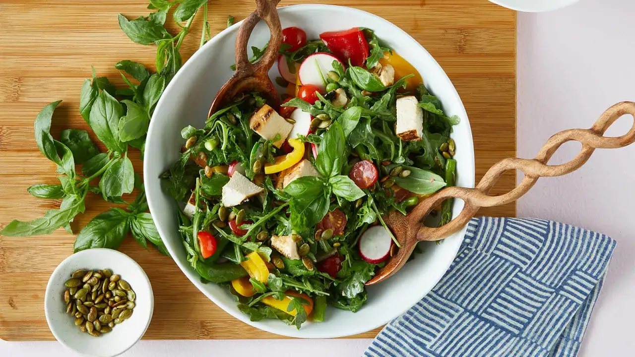 Raffinierte Sommersalate: Ein bunter Salat mit H&auml;hnchen, Radieschen, Tomaten, Paprika und K&uuml;rbiskernen, garniert mit frischem Basilikum.