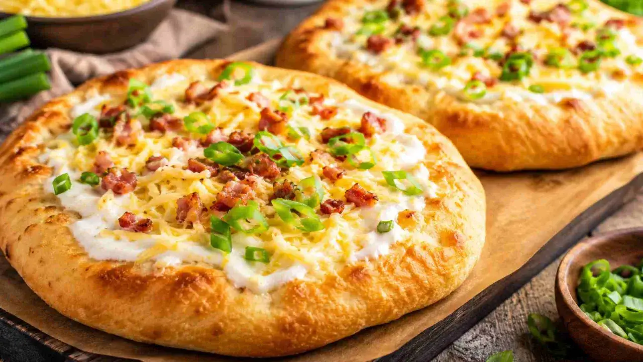 Zwei goldbraune, knusprige Langos mit K&auml;se, Speck und Fr&uuml;hlingszwiebeln. Ein k&ouml;stliches Langos Rezept zum Genie&szlig;en.