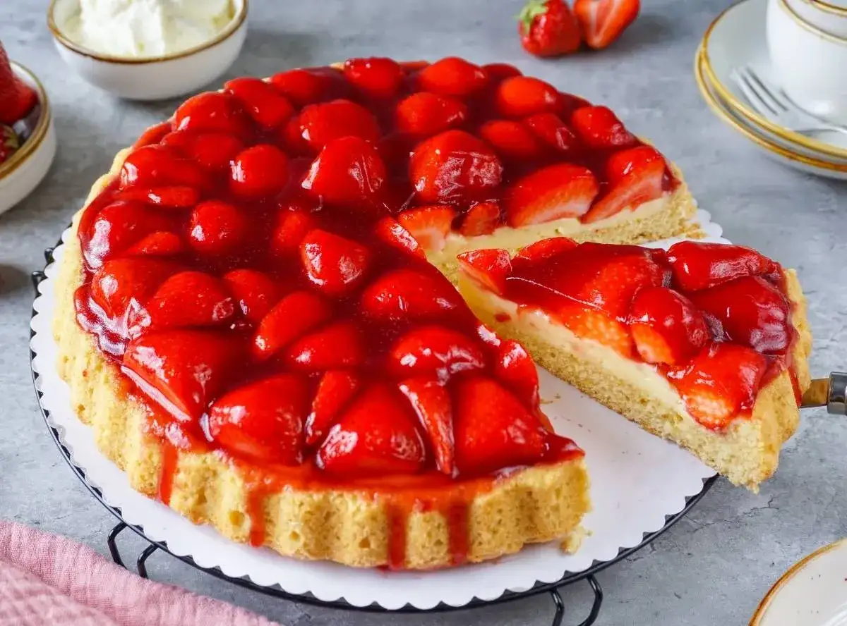 Ein saftiger Erdbeerkuchen mit Puddingcreme und gl&auml;nzender Erdbeerso&szlig;e. Ein perfektes Erdbeerboden Rezept f&uuml;r den Sommer.