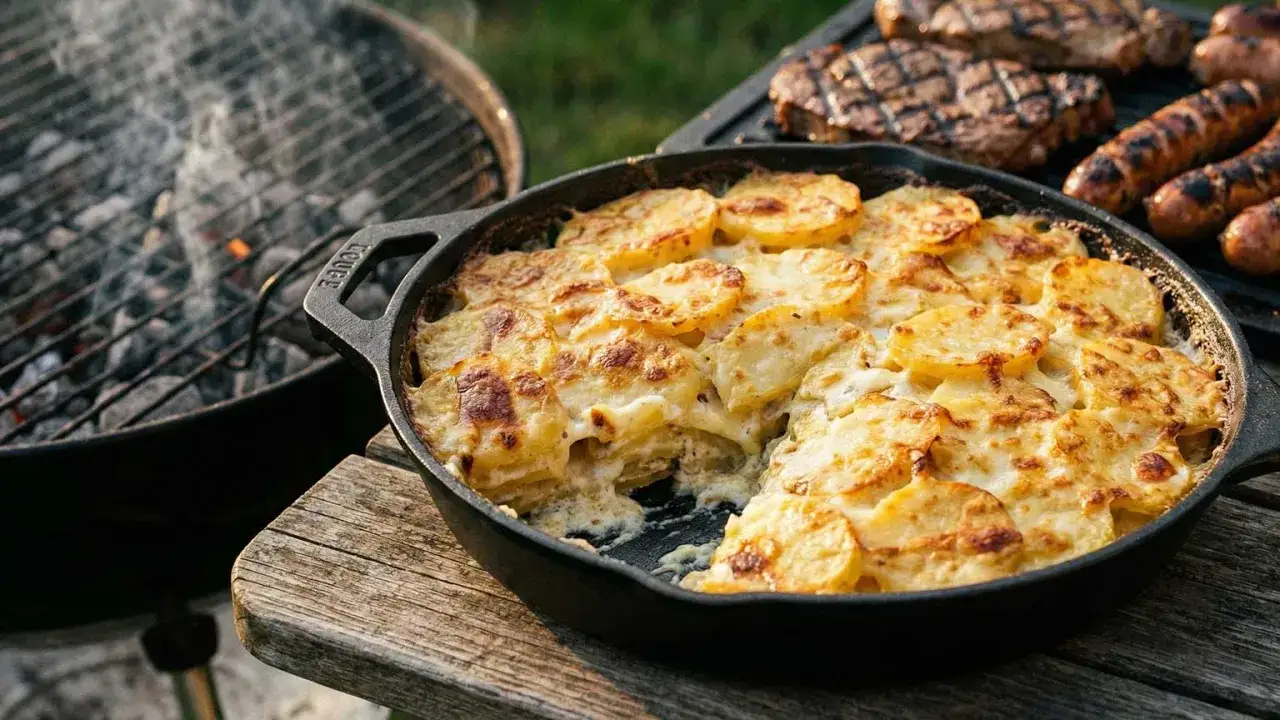 Herzhaftes Kartoffelgratin aus rohen Kartoffeln in einer Gusseisenpfanne, daneben gegrilltes Fleisch und W&uuml;rstchen. Perfekt f&uuml;r den Sommerabend!