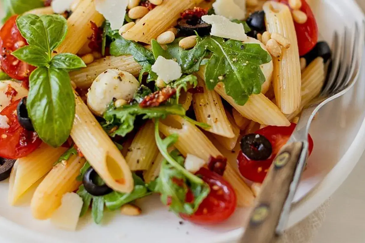 Ein k&ouml;stlicher nudelsalat mit getrockneten tomaten, Mozzarella-Kugeln, Oliven, Pinienkernen und frischem Basilikum.