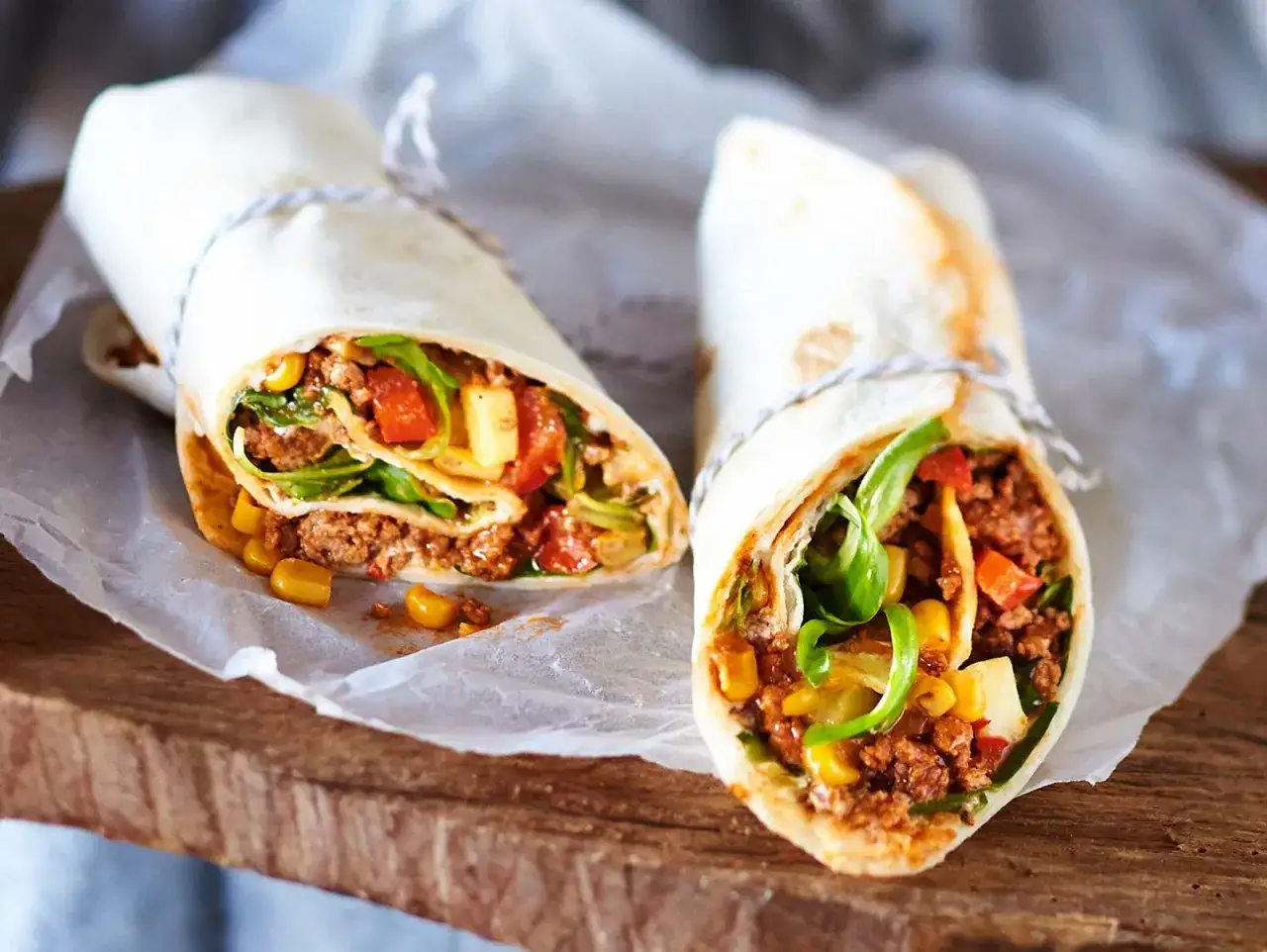 Zwei leckere wraps mit hackfleisch, Mais, Tomaten und Salat, auf Papier gebunden mit Schnur, liegen auf einem Holzbrett.