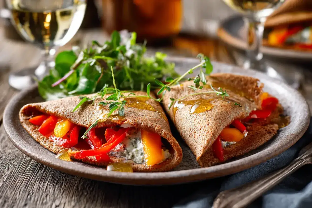 Zwei herzhafte Galette Bretonne gef&uuml;llt mit Paprika und Frischk&auml;se, garniert mit Kr&auml;utern und Honig, serviert mit Salat.