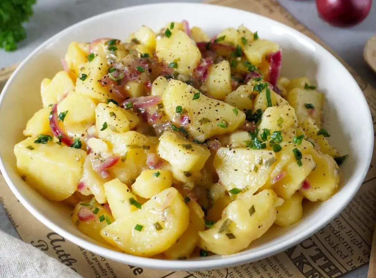 Ein k&ouml;stlicher Kartoffelsalat, perfekt f&uuml;r jedes Kartoffelsalat Rezept. Kartoffelst&uuml;cke mit roten Zwiebeln und frischen Kr&auml;utern, appetitlich angerichtet.