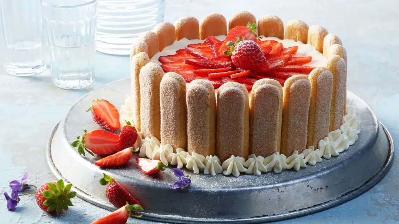 Eine Erdbeer Charlotte, umrandet von L&ouml;ffelbiskuits und verziert mit frischen Erdbeeren und Sahnetupfern.
