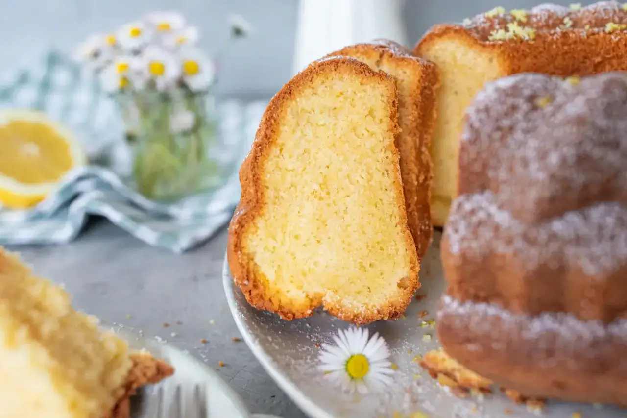 Saftiger Omas Joghurt Kuchen, mit Puderzucker best&auml;ubt und Zitronenschale garniert, serviert mit G&auml;nsebl&uuml;mchen.
